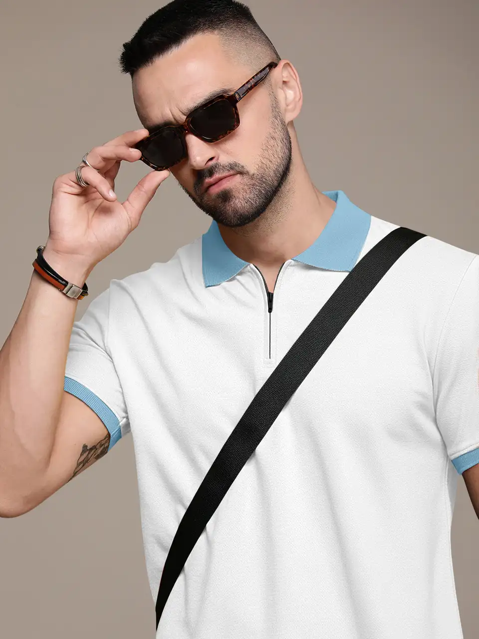 Men’s Polo T-Shirt Slim Fit Zip Collar | Half Sleeve Casual T-Shirt for Men - White