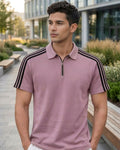 Men’s Ribbed Half-Zip Polo T-Shirt with Contrast Stripes – Slim Fit Casual Wear