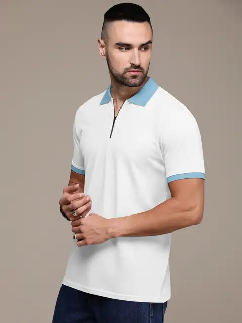 Men’s Polo T-Shirt Slim Fit Zip Collar | Half Sleeve Casual T-Shirt for Men - White