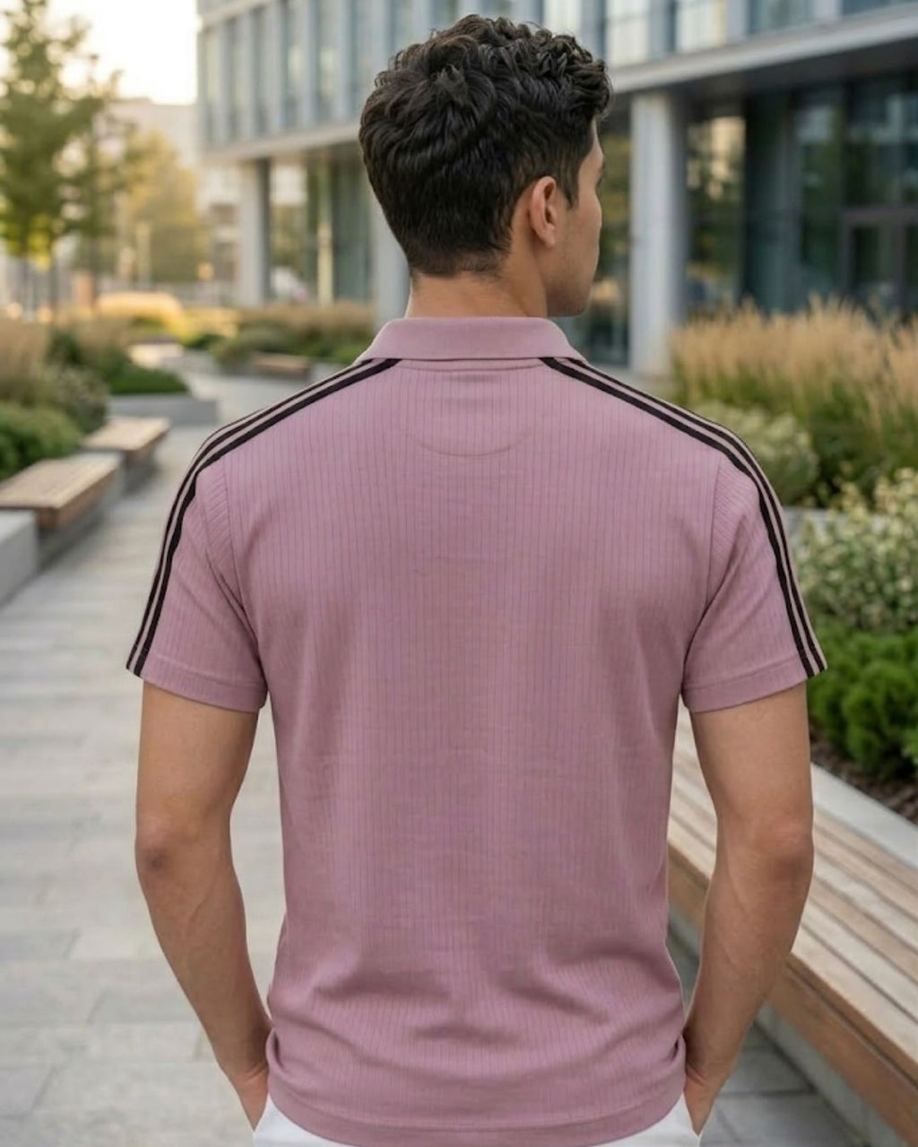 Men’s Ribbed Half-Zip Polo T-Shirt with Contrast Stripes – Slim Fit Casual Wear