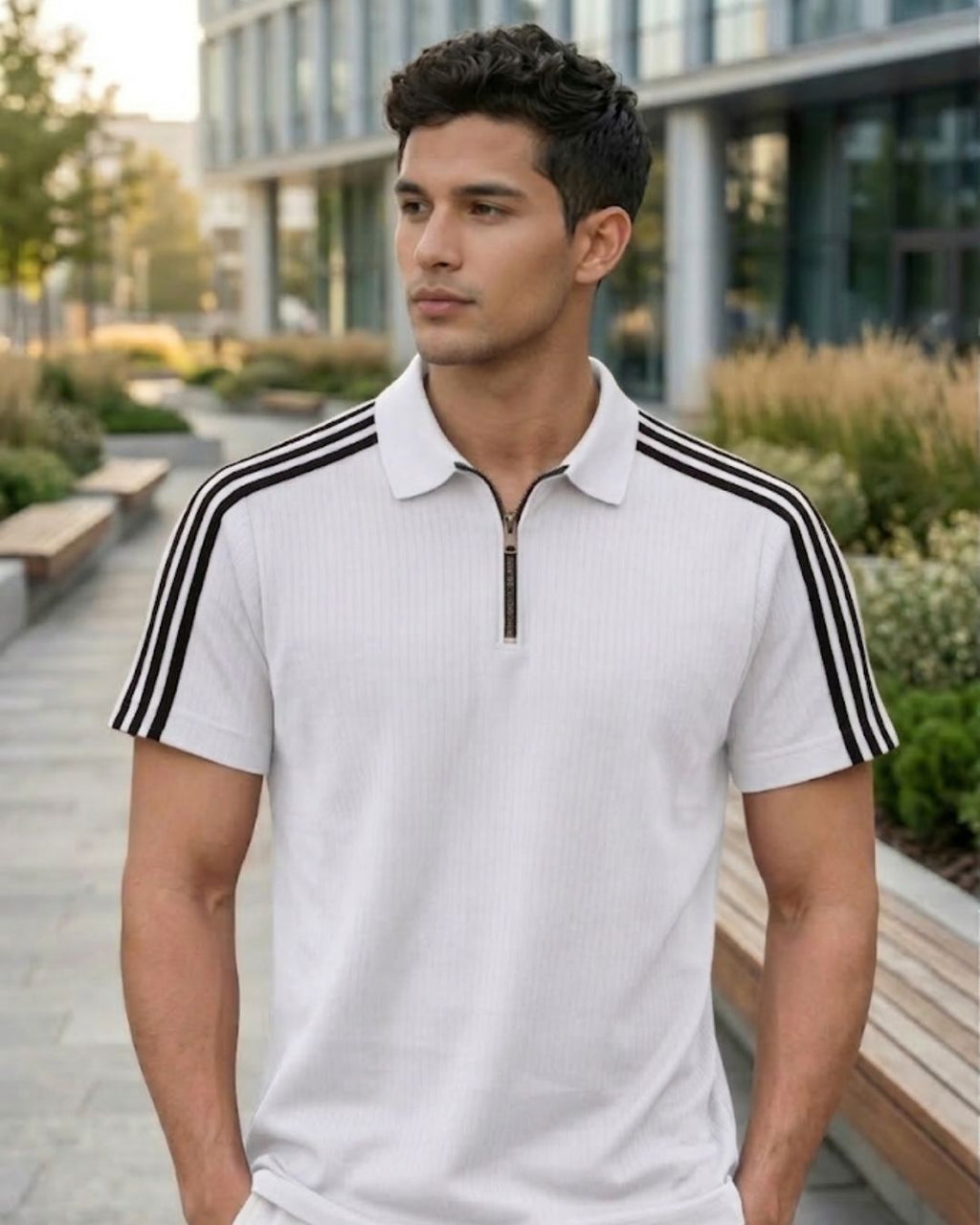 Men’s Ribbed Half-Zip Polo T-Shirt with Contrast Stripes – Slim Fit Casual Wear - White