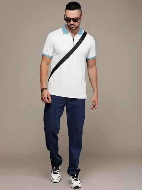 Men’s Polo T-Shirt Slim Fit Zip Collar | Half Sleeve Casual T-Shirt for Men - White
