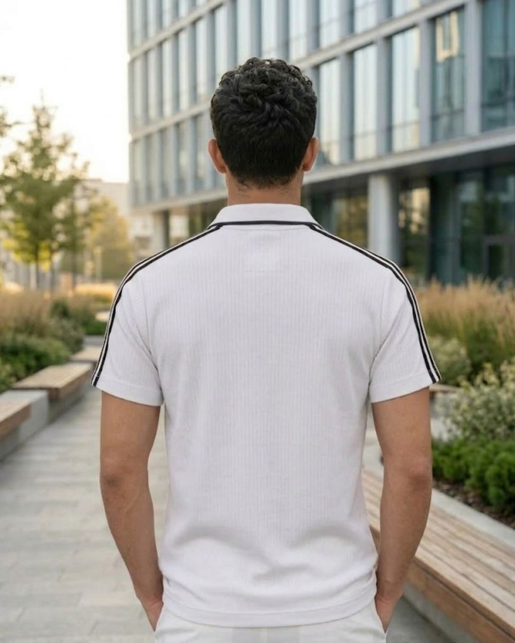 Men’s Ribbed Half-Zip Polo T-Shirt with Contrast Stripes – Slim Fit Casual Wear - White