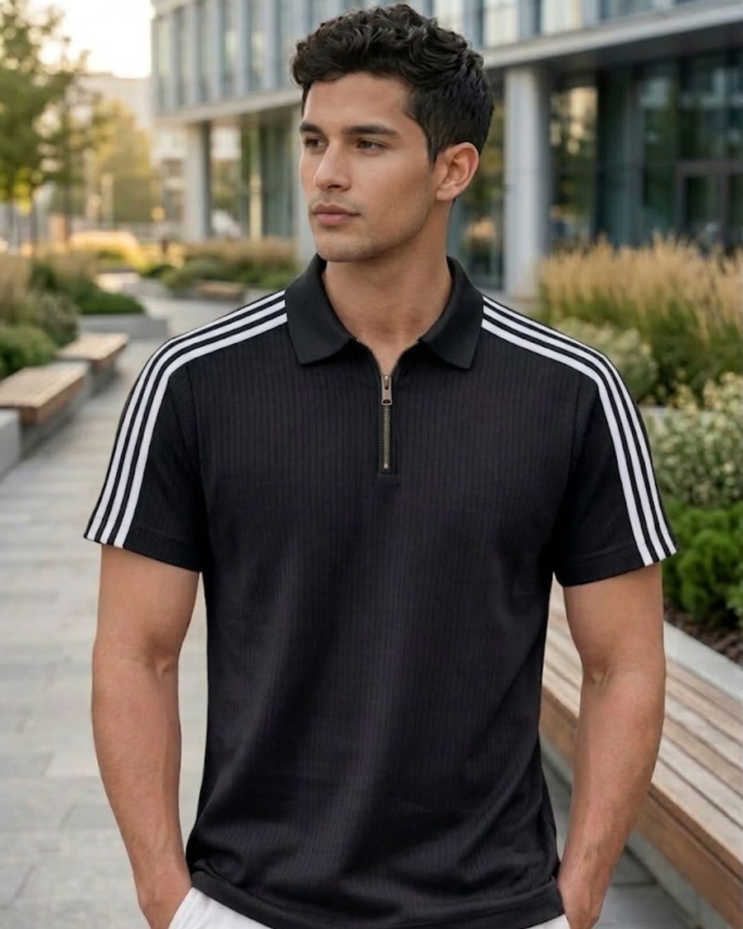Men’s Ribbed Half-Zip Polo T-Shirt with Contrast Stripes – Slim Fit Casual Wear - Black