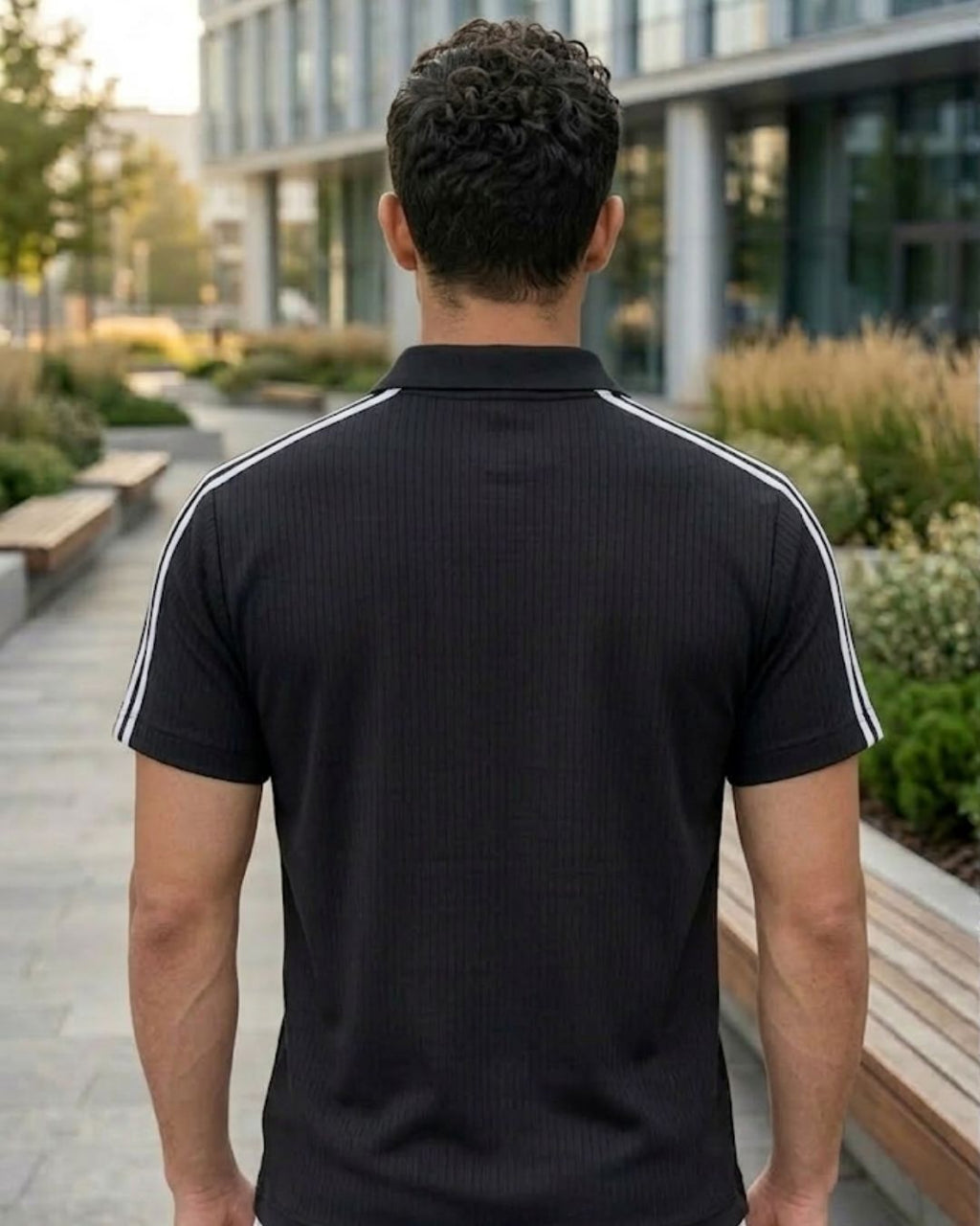 Men’s Ribbed Half-Zip Polo T-Shirt with Contrast Stripes – Slim Fit Casual Wear - Black